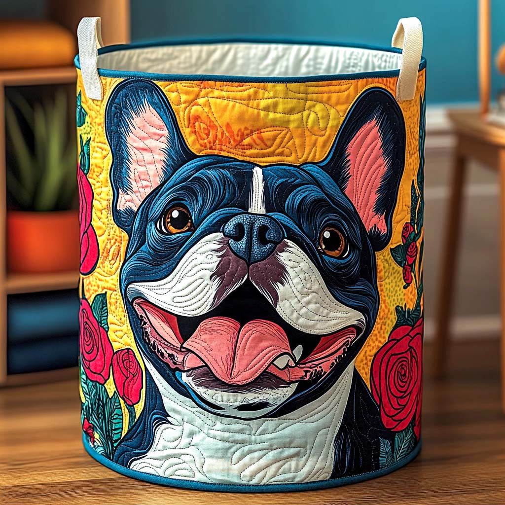 Panier à linge matelassé – Bouledogue français et fleurs – vue 1