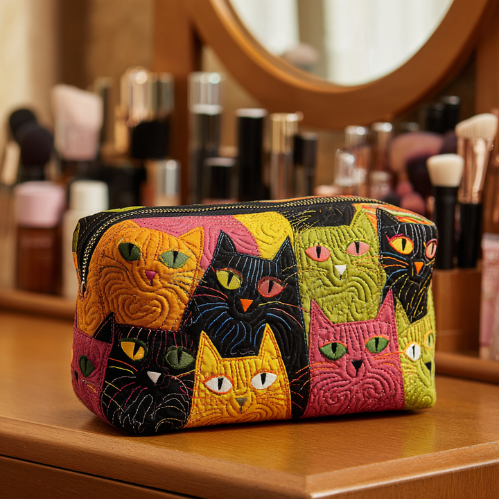 Trousse de maquillage matelassée chat au jardin – vue 1 – Maria Milano