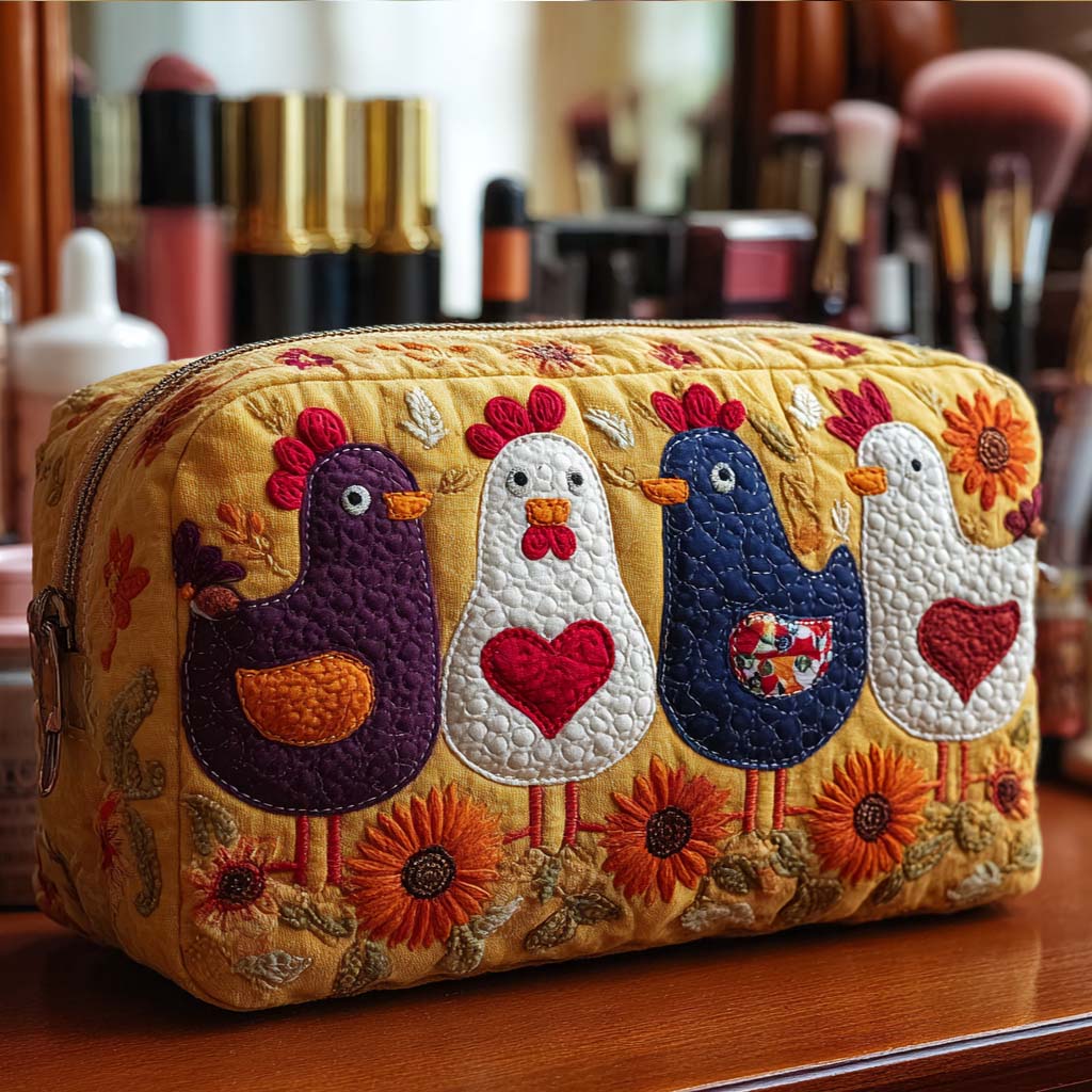 Trousse de maquillage matelassée plumes de poule – vue 1 – Maria Milano