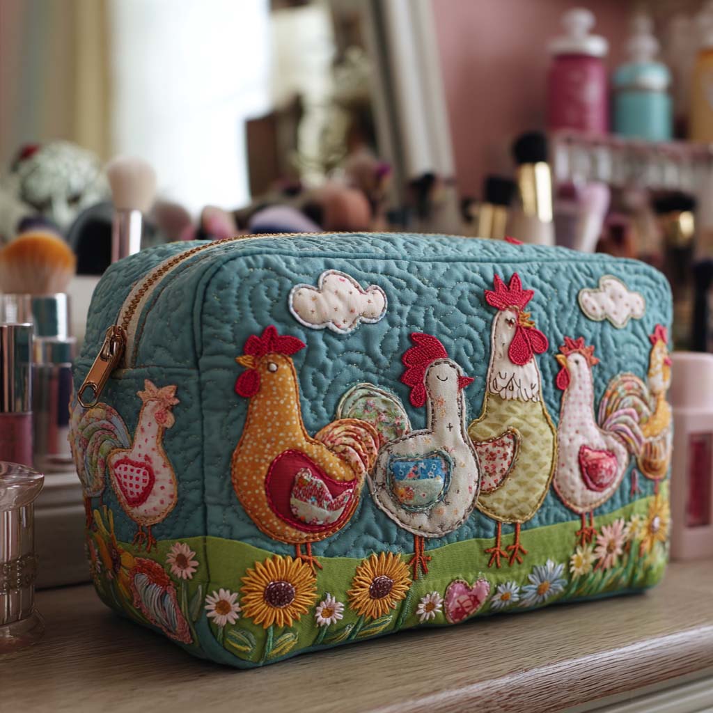 Trousse de maquillage matelassée poules au jardin – vue 1 – Maria Milano