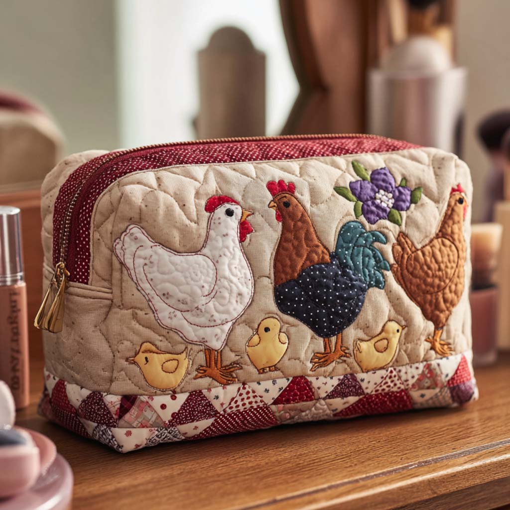 Trousse de maquillage matelassée poule dans son nid – vue 1 – Maria Milano