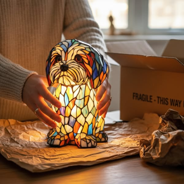Chien Doux – Lampe en Vitrail