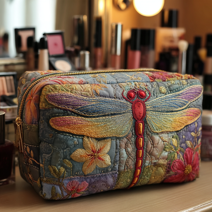 Trousse de maquillage matelassée libellules dans la prairie – vue 1 – Maria Milano
