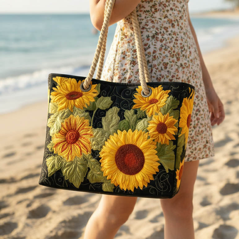 Sac de plage fait main | Tournesol – sac de plage matelassé motif tournesol