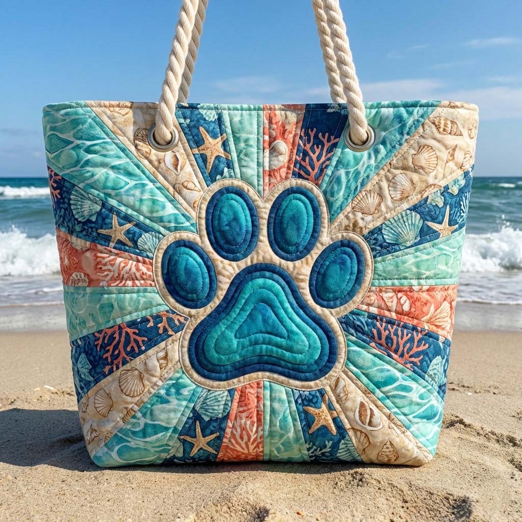 Sac de plage fait main | Empreinte de pattes – sac de plage matelassé motif plage, vue 2