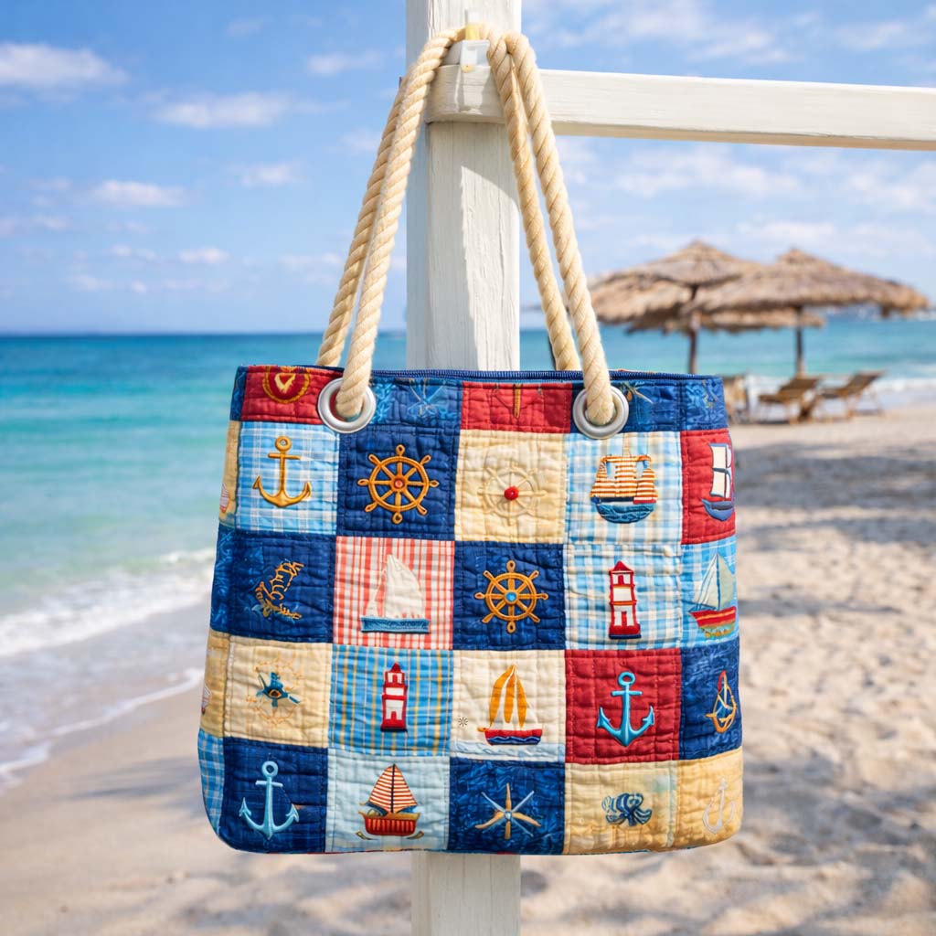 Sac de plage fait main | Patchwork marin – sac de plage matelassé motif plage