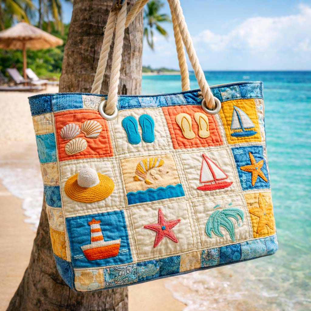 Sac de plage fait main – sac de plage matelassé motif plage