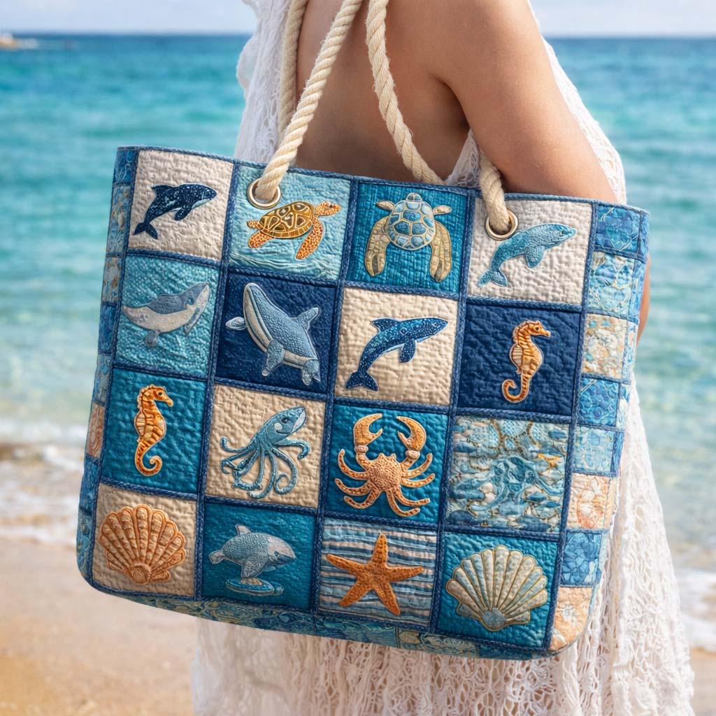Sac de plage fait main | Vie marine – sac de plage matelassé motif plage