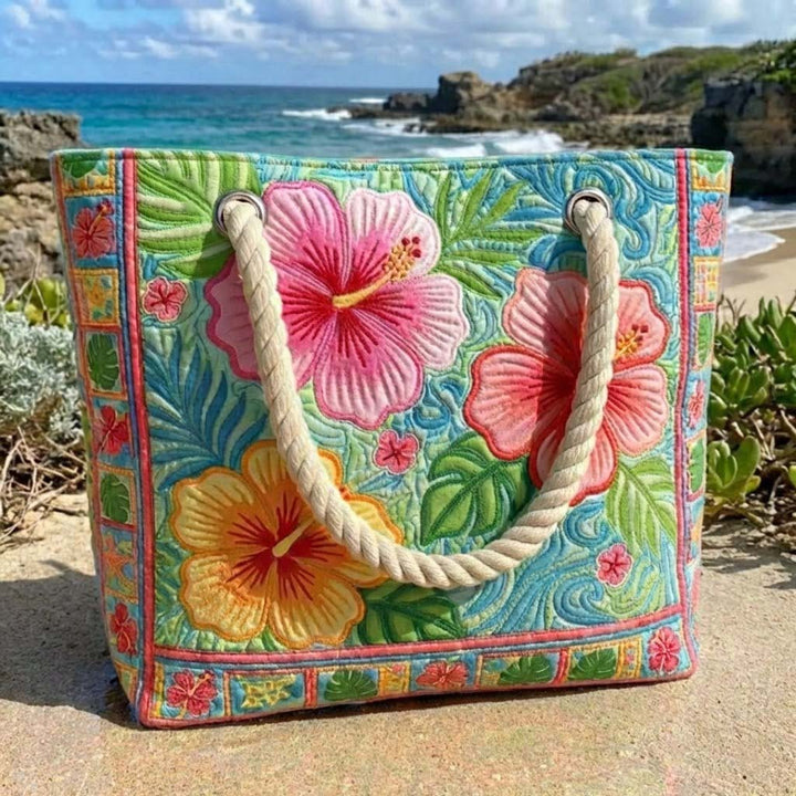 Sac de plage fait main | Fleur tropicale – sac de plage matelassé motif floral, vue 2