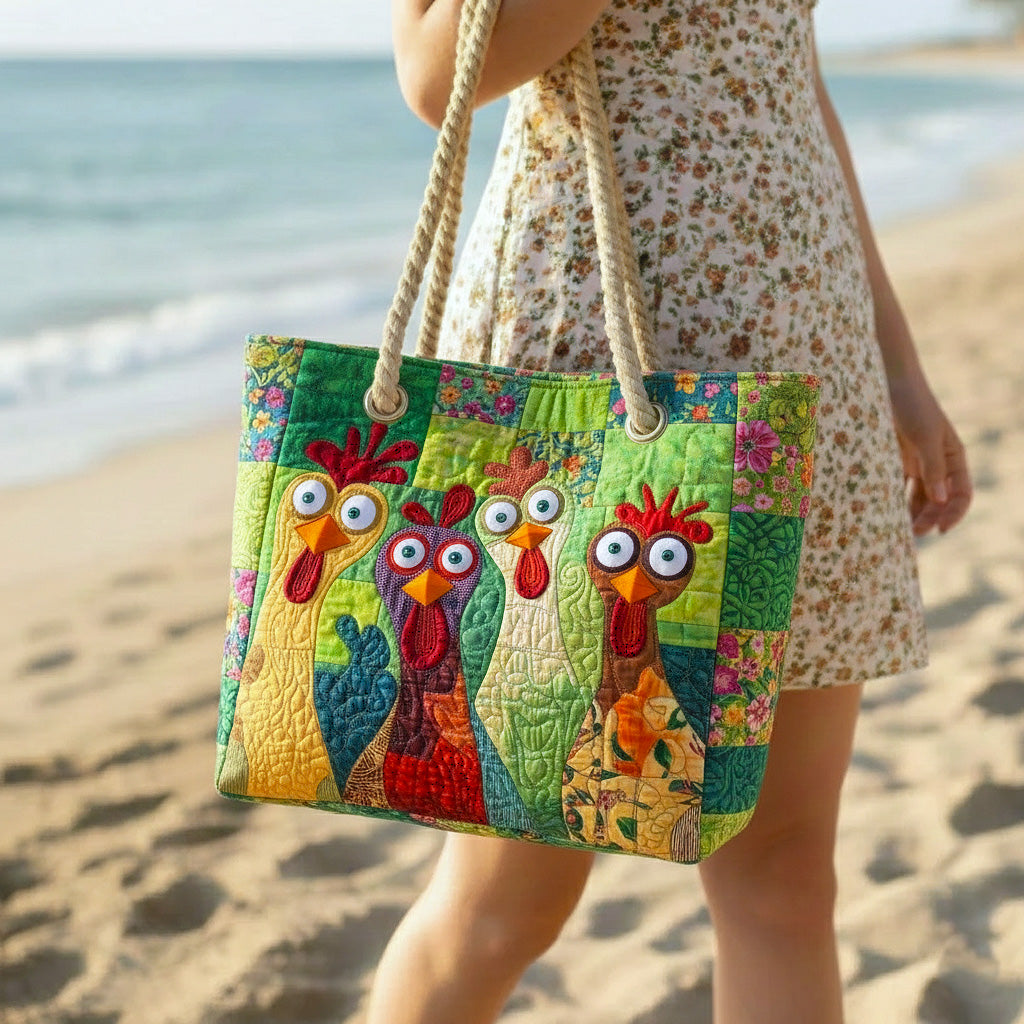 Sac de plage fait main | Poulet funky – sac de plage matelassé motif plage