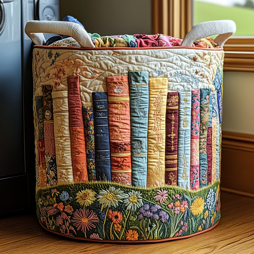 Panier à linge matelassé – Livres et fleurs – vue 1