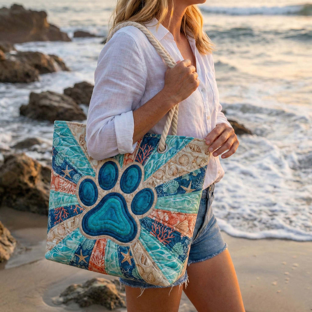 Sac de plage fait main | Empreinte de pattes – sac de plage matelassé motif plage