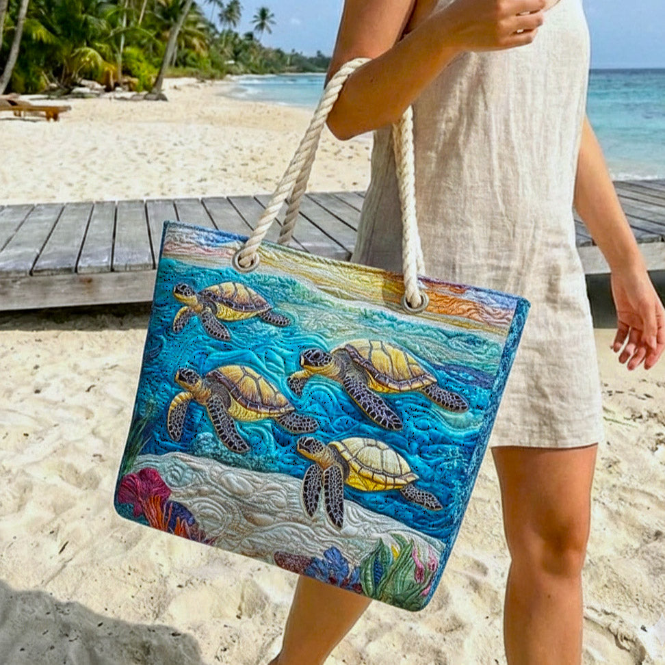 Sac de plage fait main | Tortue de mer – sac de plage matelassé motif tortue
