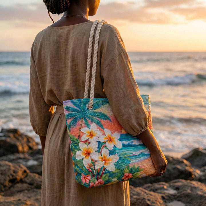 Sac de plage fait main | Esprit tropical – sac de plage matelassé motif plage, vue 3