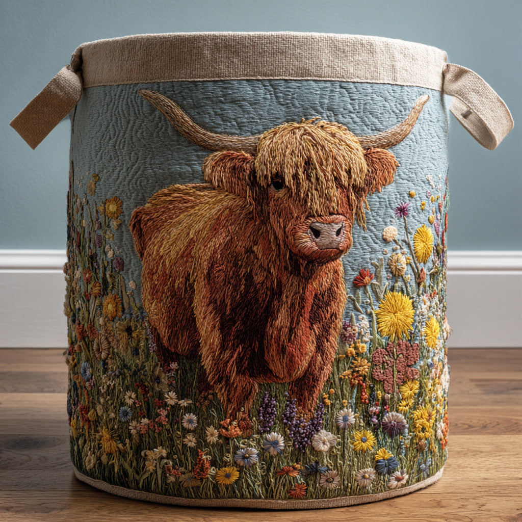 Panier à linge matelassé – Vache Highland et fleurs – vue 1