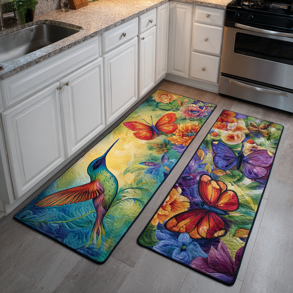Tapis de cuisine antidérapant – Colibri et fleurs du jardin