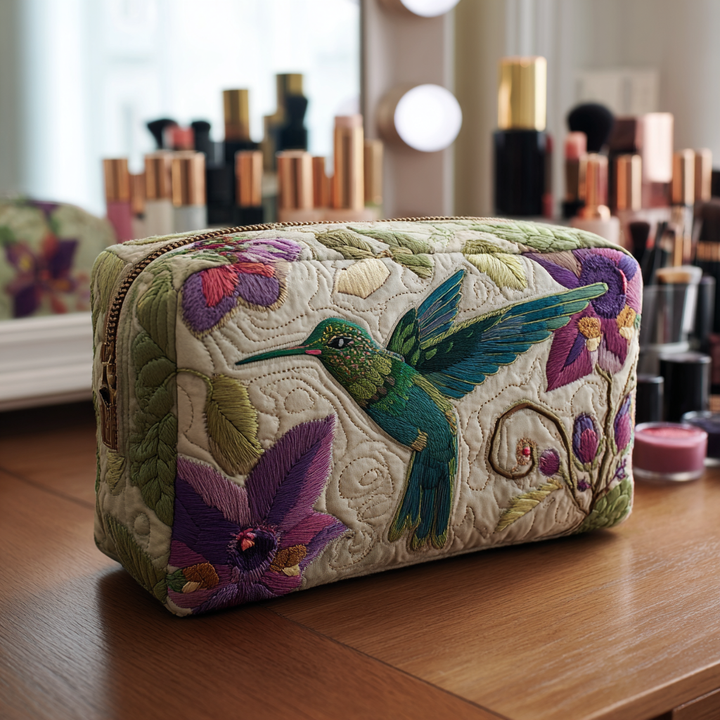 Trousse de maquillage matelassée jardin de colibris – vue 1 – Maria Milano