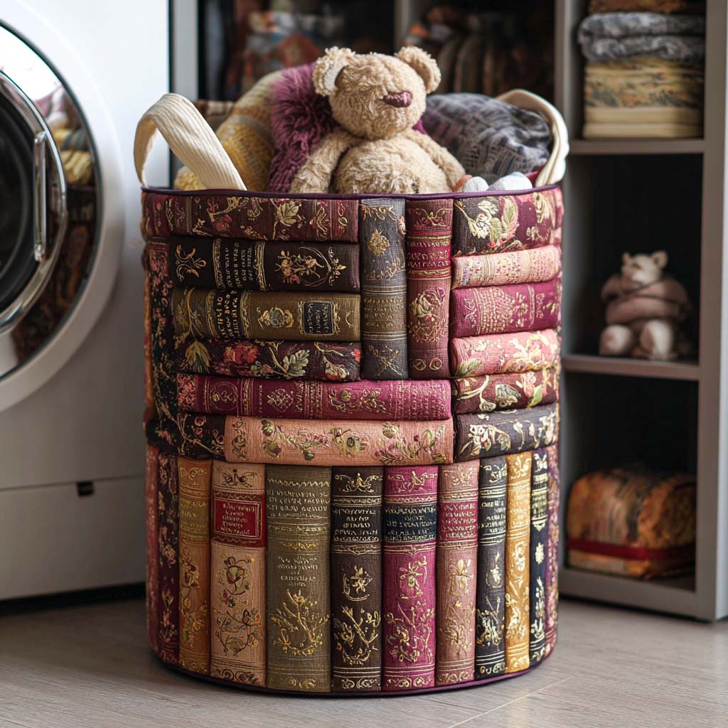 Panier à linge matelassé – Livres et fleurs – vue 1