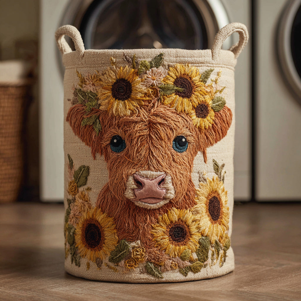 Panier à linge matelassé – Vache Highland et fleurs – vue 1