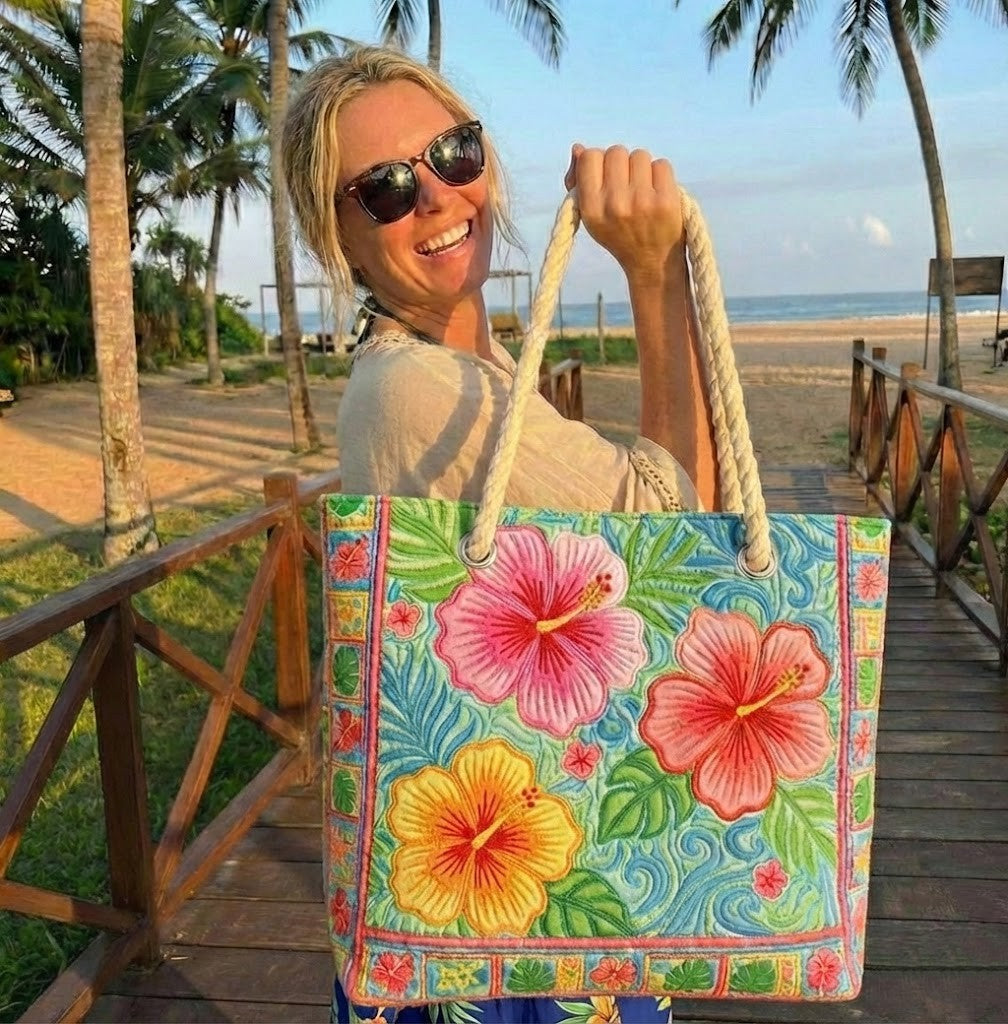 Sac de plage fait main | Fleur tropicale – sac de plage matelassé motif floral