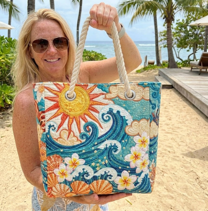 Sac de plage fait main | Halo chaleureux – sac de plage matelassé motif plage